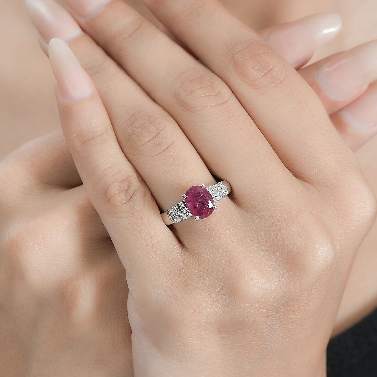 Niassa Ruby (FF) and White Zircon Ring in Platinum Over Sterling Silver (Size 5.0) 3.15 ctw image number 2