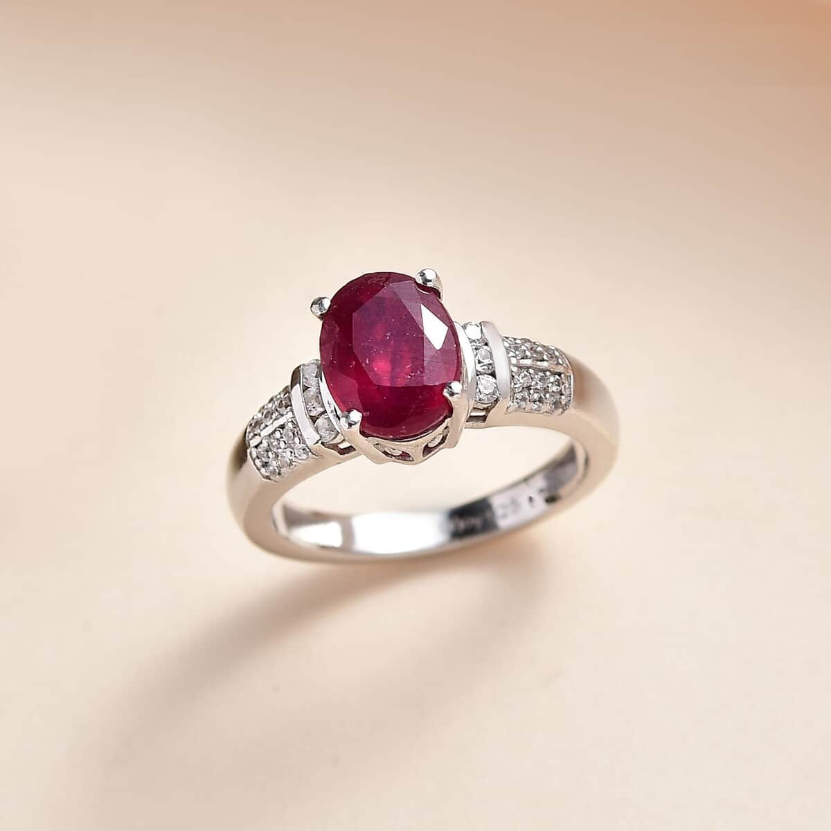 Niassa Ruby (FF) and White Zircon Ring in Platinum Over Sterling Silver (Size 6.0) 3.15 ctw image number 1