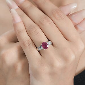 Niassa Ruby (FF) and White Zircon Ring in Platinum Over Sterling Silver (Size 8.0) 3.15 ctw