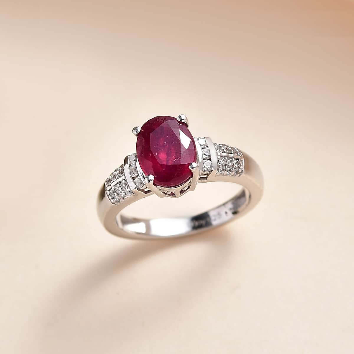 Niassa Ruby (FF) and White Zircon Ring in Platinum Over Sterling Silver (Size 9.0) 3.15 ctw image number 1