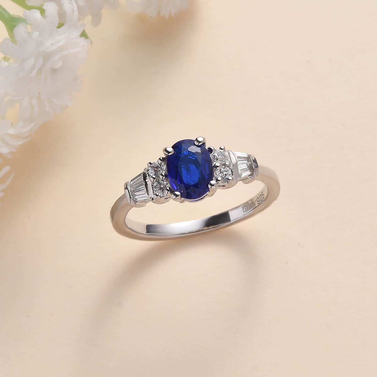 Tanzanian Blue Spinel (DF) and White Zircon Ring in Platinum Over Sterling Silver (Size 7.0) 1.80 ctw image number 1