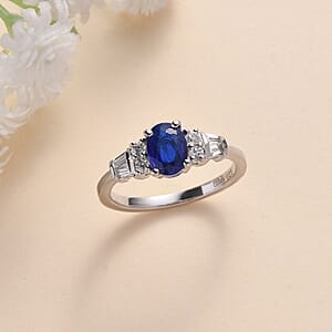 Tanzanian Blue Spinel (DF) and White Zircon Ring in Platinum Over Sterling Silver (Size 8.0) 1.80 ctw