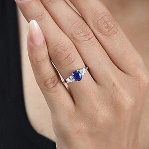 Tanzanian Blue Spinel (DF) and White Zircon Ring in Platinum Over Sterling Silver (Size 8.0) 1.80 ctw