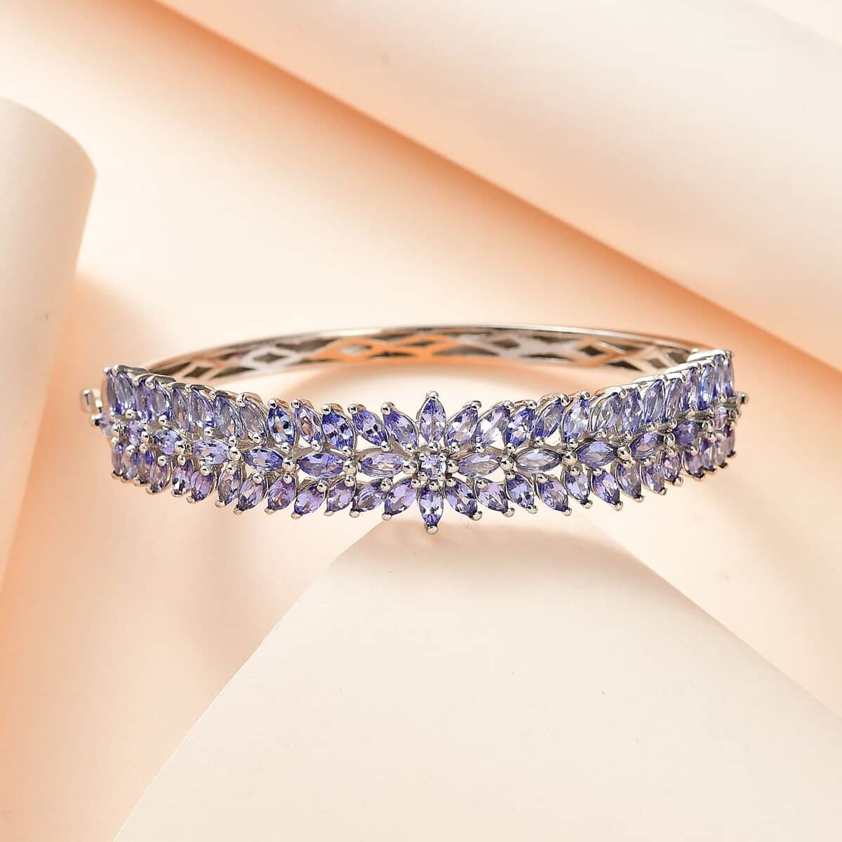 Tanzanite Floral Spray Bangle Bracelet in Platinum Over Sterling Silver (6.50 In) 8.25 ctw image number 1