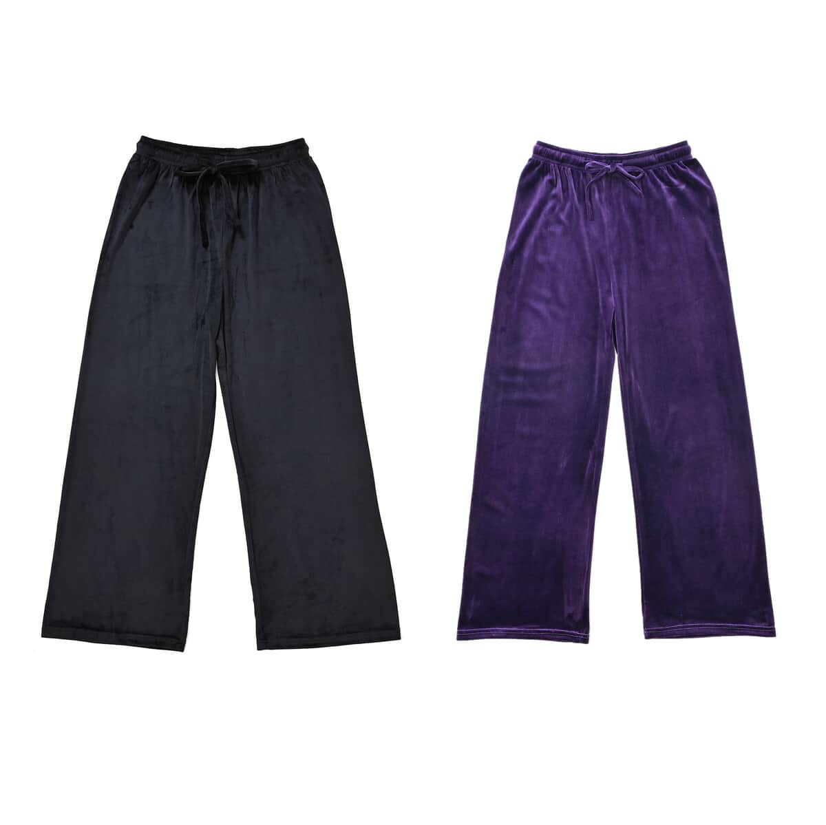 Set of 2 Black and Purple Velvet Elastic Waist Lounge Pant - One Size Fits up to S-L image number 0