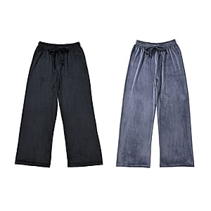 Set of 2 Black and Gray Velvet Elastic Waist Lounge Pant - One Size Fits up to S-L