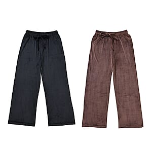 Set of 2 Black and Brown Velvet Elastic Waist Lounge Pant - One Size Fits up to S-L