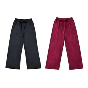 Set of 2 Black and Burgundy Velvet Elastic Waist Lounge Pant - One Size Fits up to S-L