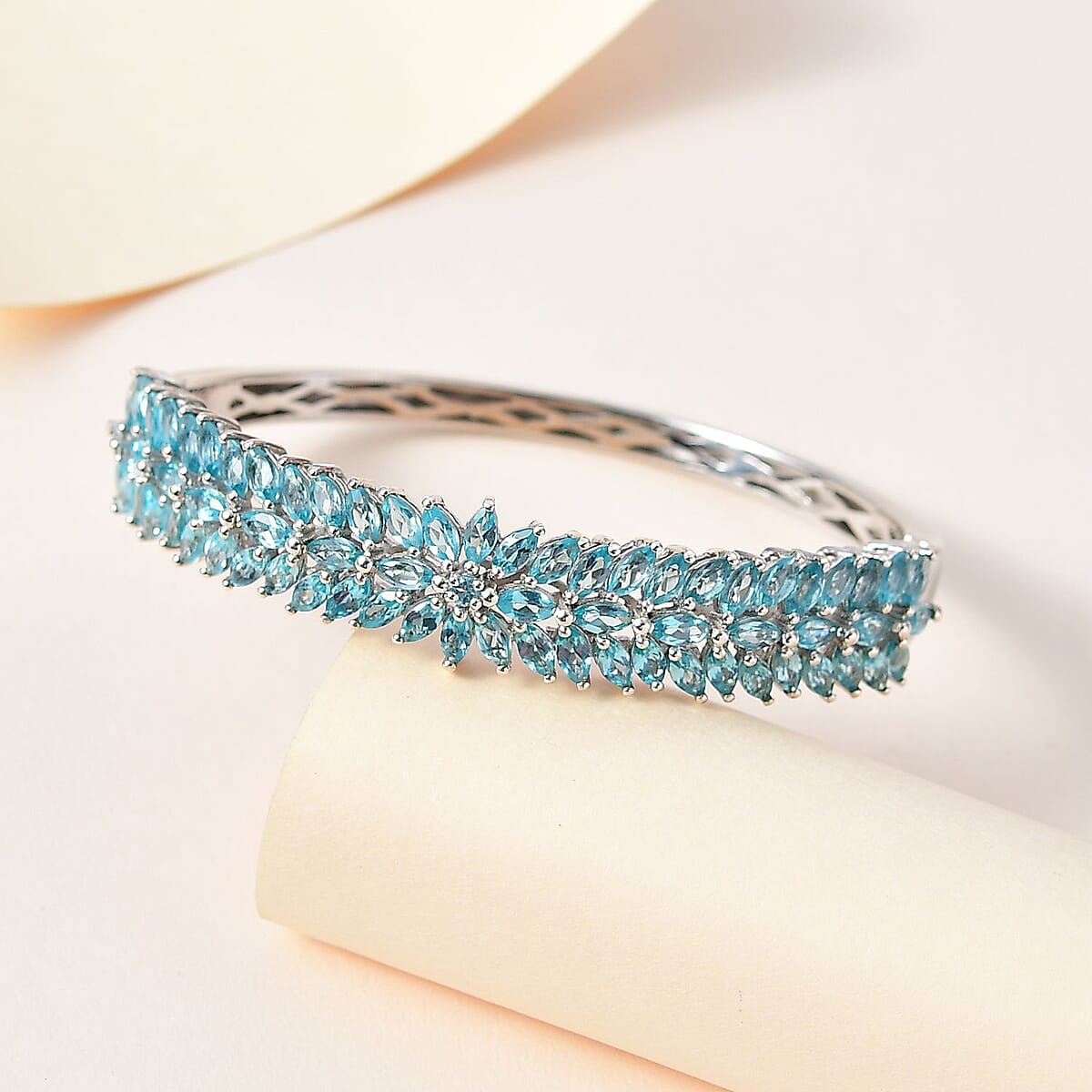 Betroka Blue Apatite Floral Spray Bangle Bracelet in Platinum Over Sterling Silver (6.50 In) 10.90 ctw image number 1