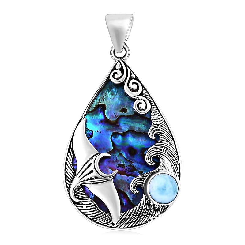 Bali Legacy Abalone Shell and Larimar Manta Ray Pendant without Chain in Sterling Silver 1.70 ctw