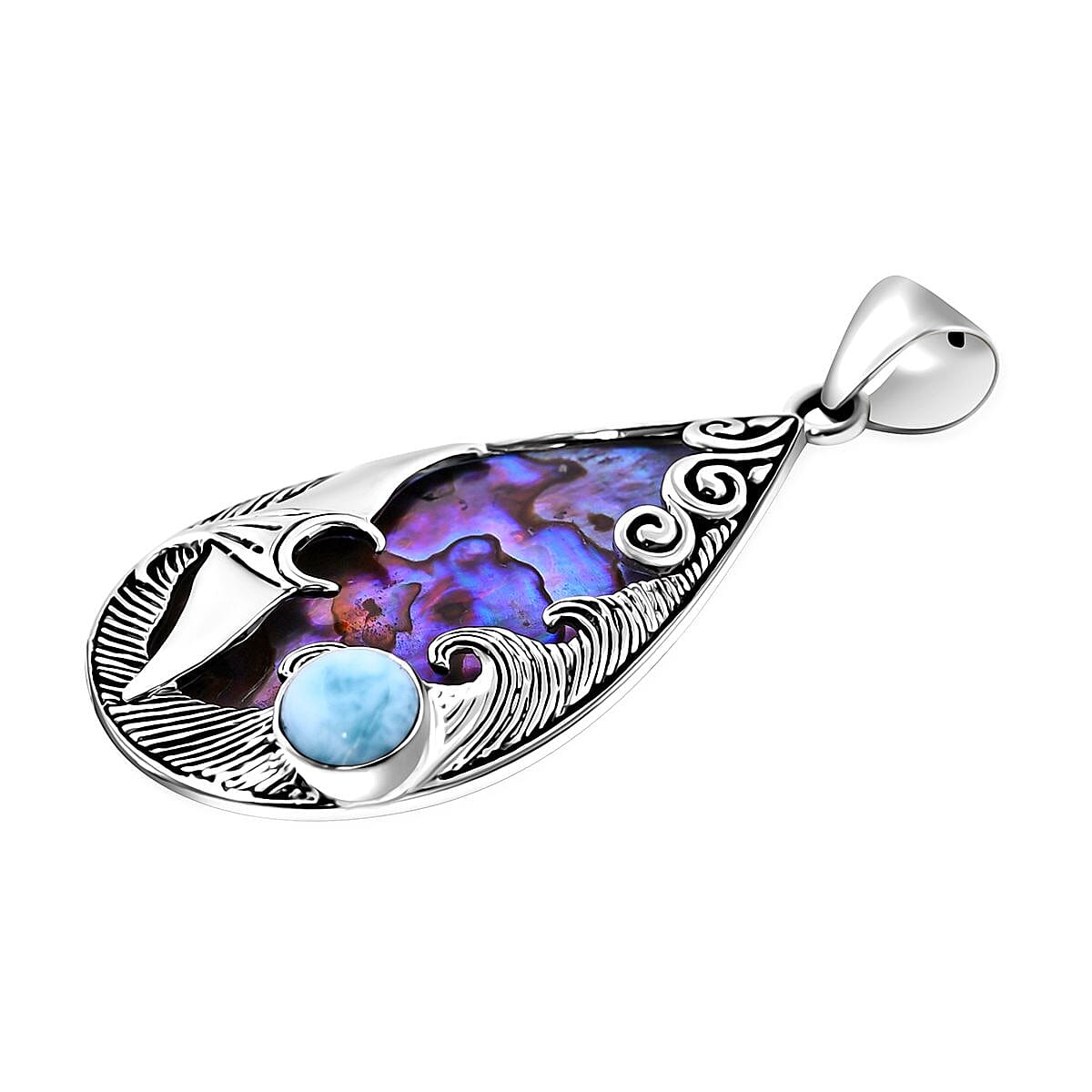 Bali Legacy Abalone Shell and Larimar Manta Ray Pendant without Chain in Sterling Silver 1.70 ctw image number 3