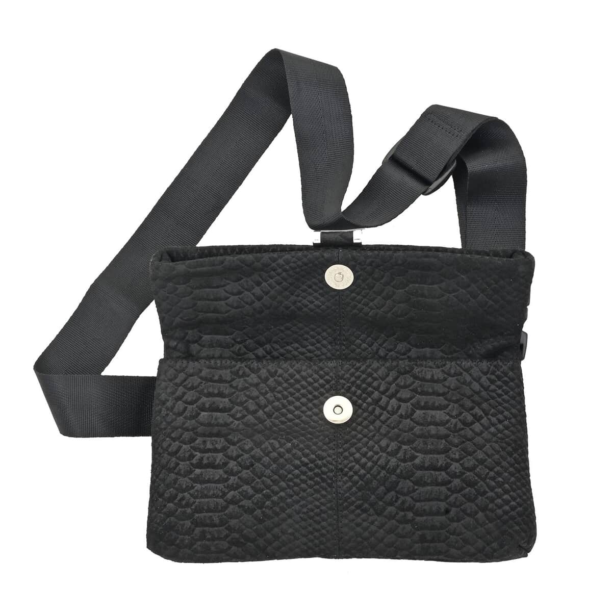 Black Python Embossed Leather Foldover Convertible Belt Bag (11"x6") image number 1