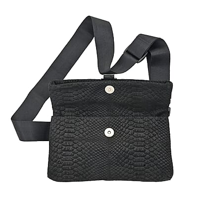Black Python Embossed Leather Foldover Convertible Belt Bag