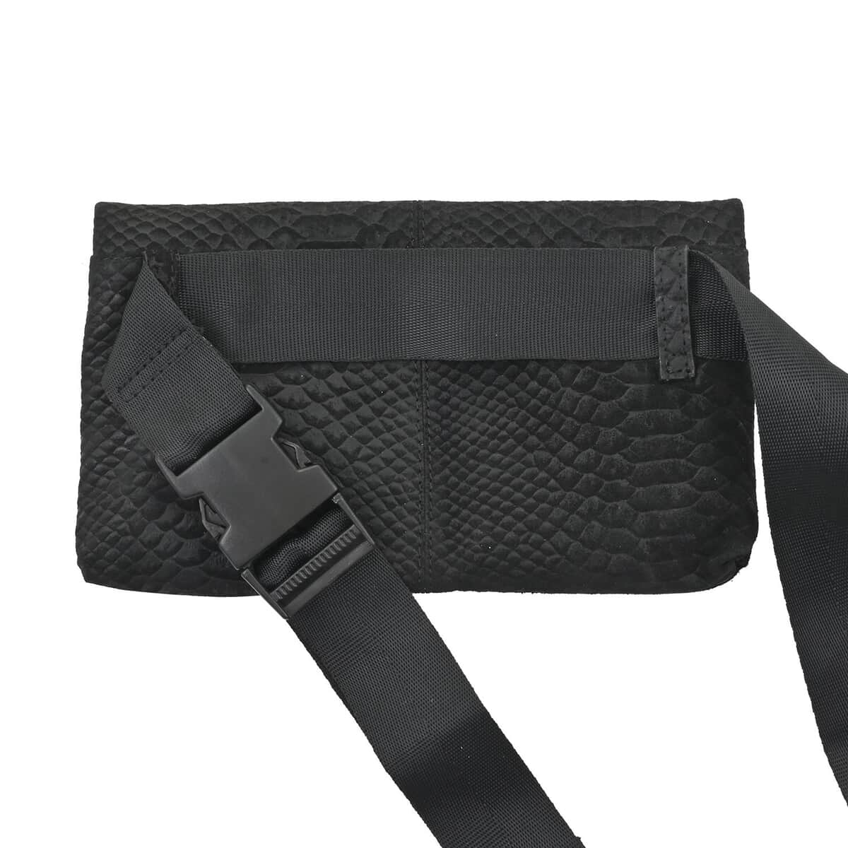 Black Python Embossed Leather Foldover Convertible Belt Bag (11"x6") image number 2