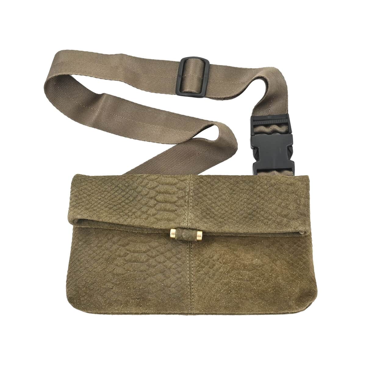 Olive Python Embossed Leather Foldover Convertible Belt Bag image number 0