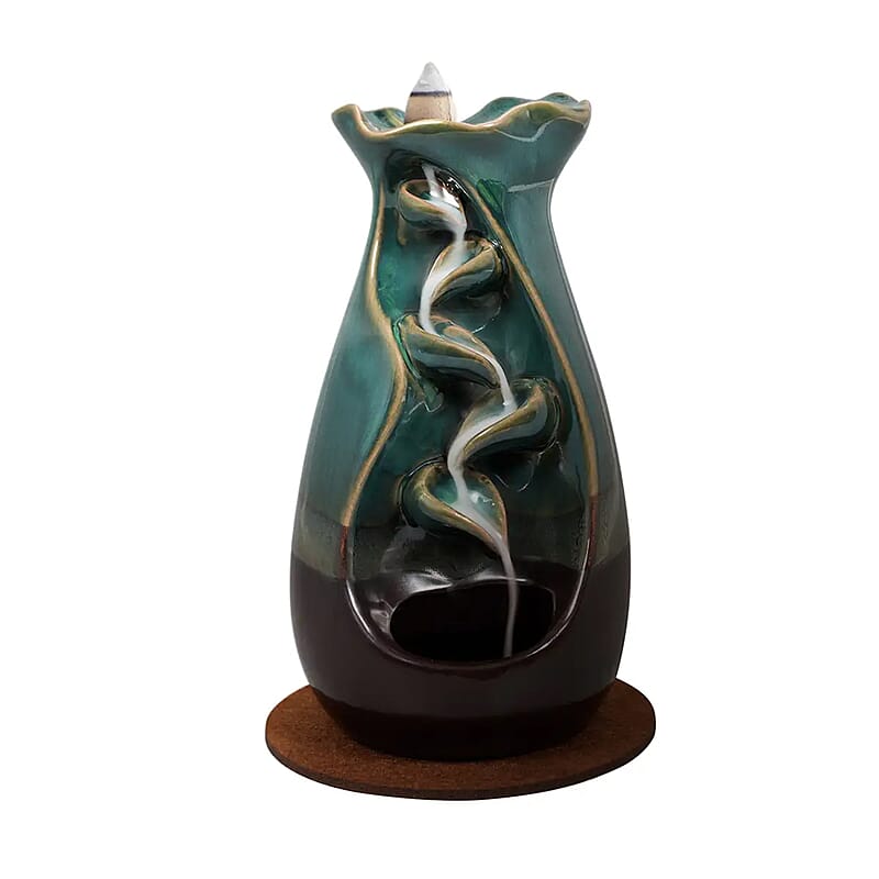 Closeout Trend Vision Tulip Style Cascading Ceramic Incense Burner with 10 Assorted Cones -Cyan