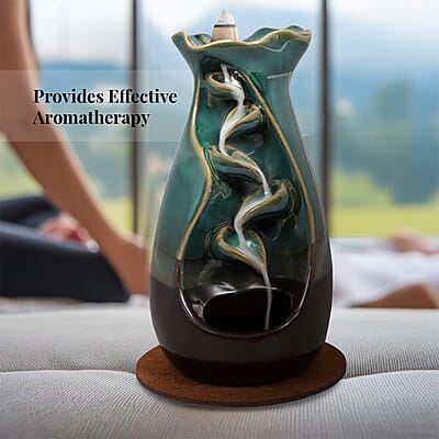 Closeout Trend Vision Tulip Style Cascading Ceramic Incense Burner with 10 Assorted Cones -Cyan