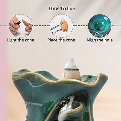 Closeout Trend Vision Tulip Style Cascading Ceramic Incense Burner with 10 Assorted Cones -Cyan