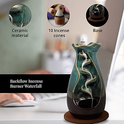 Closeout Trend Vision Tulip Style Cascading Ceramic Incense Burner with 10 Assorted Cones -Cyan