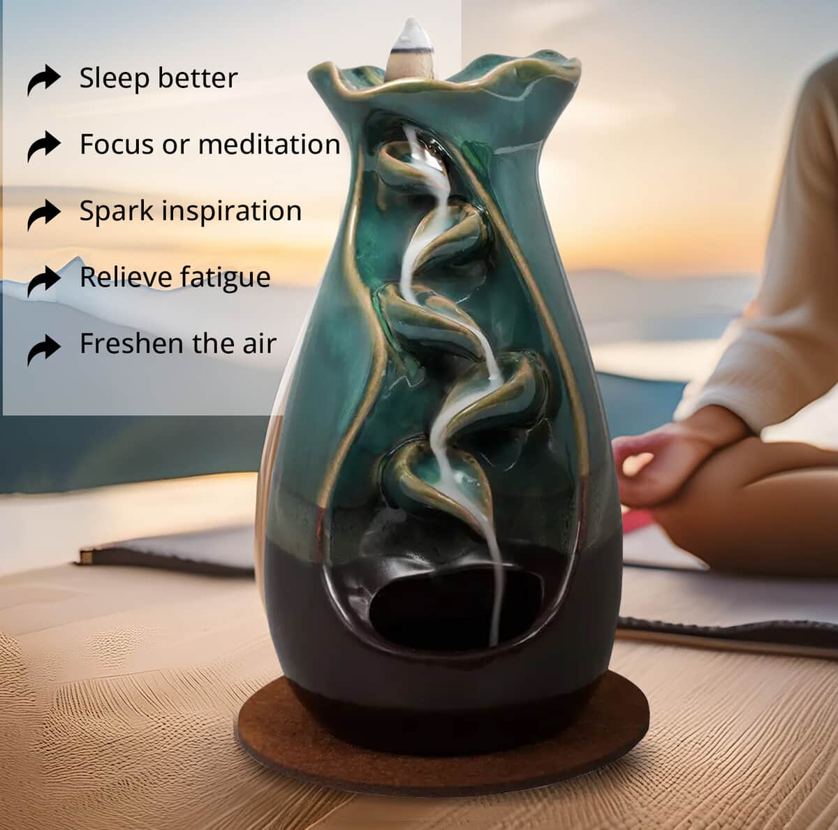 Closeout Trend Vision Tulip Style Cascading Ceramic Incense Burner with 10 Assorted Cones -Cyan image number 5