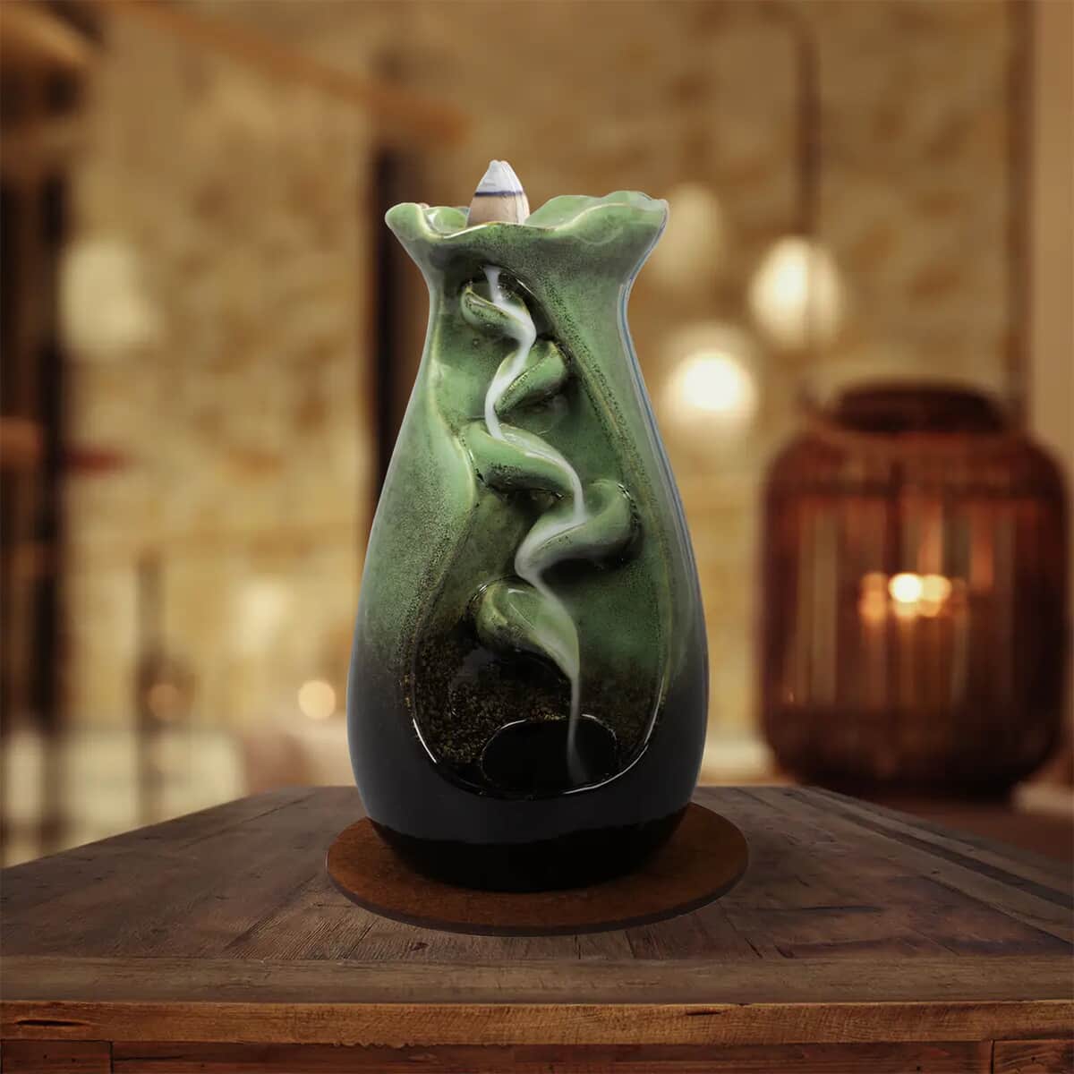 Closeout Trend Vision Tulip Style Cascading Ceramic Incense Burner with 10 Assorted Cones -Jade image number 1