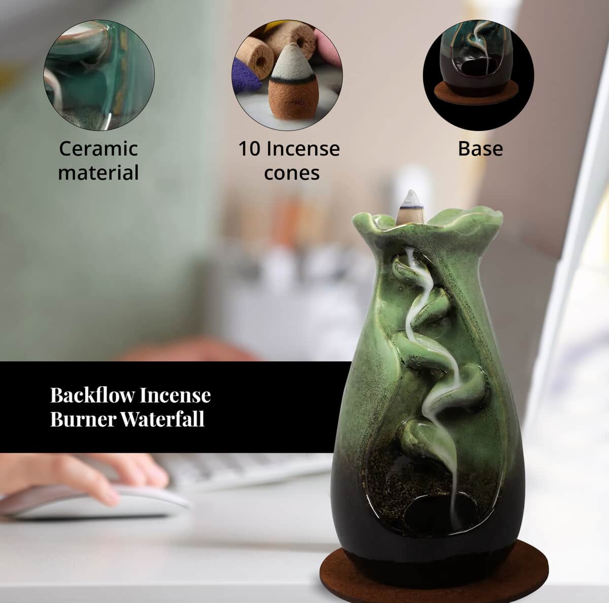 Closeout Trend Vision Tulip Style Cascading Ceramic Incense Burner with 10 Assorted Cones -Jade image number 4