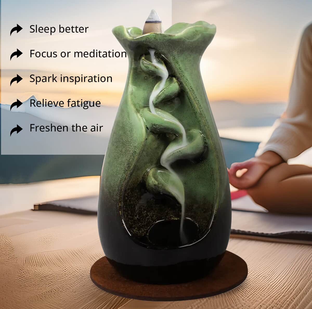 Closeout Trend Vision Tulip Style Cascading Ceramic Incense Burner with 10 Assorted Cones -Jade image number 5