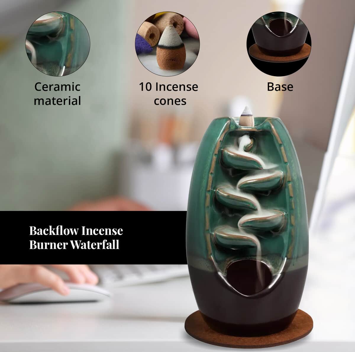 Trend Vision Cascading Ceramic Incense Burner with 10 Assorted Cones -Cyan (5.5"x8.7") image number 3