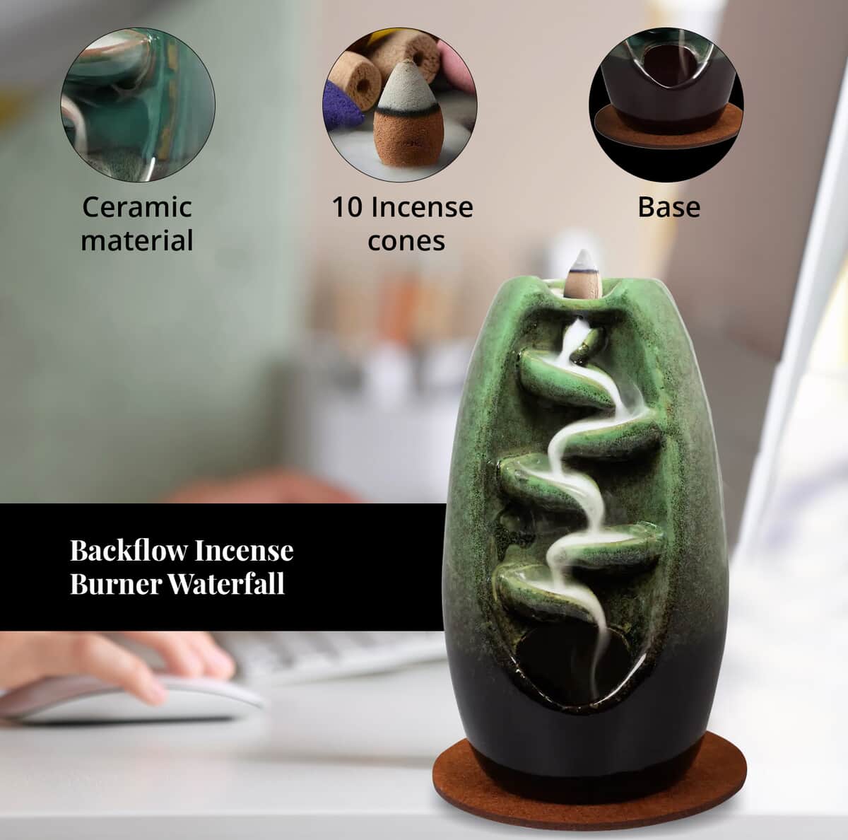 Closeout Trend Vision Cascading Ceramic Incense Burner with 10 Assorted Cones -Jade image number 3