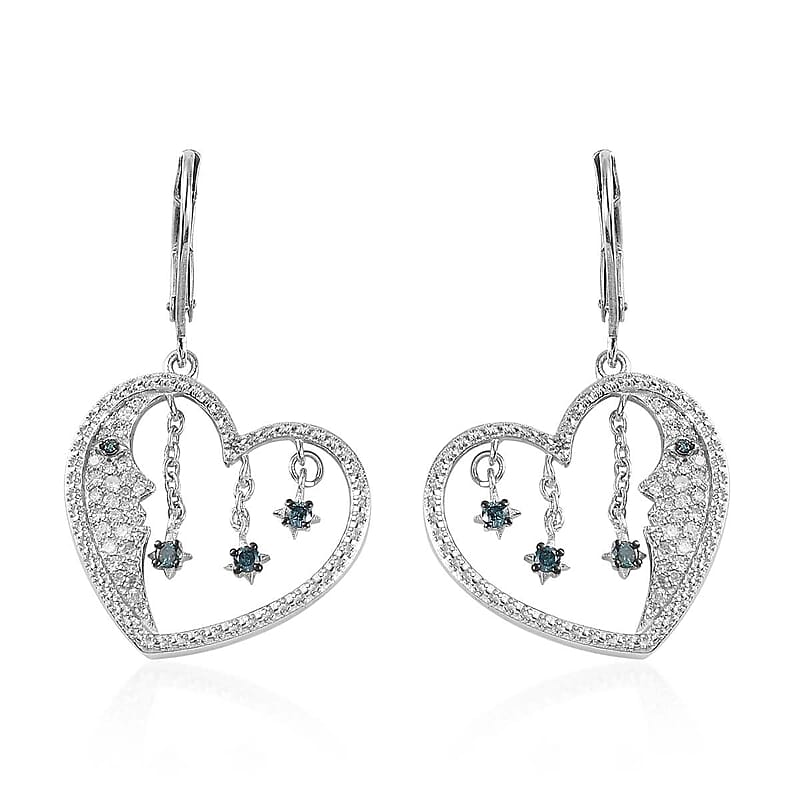 GP Celestial Dream Collection Blue and White Diamond Heart Earrings in Platinum Over Sterling Silver 0.50 ctw