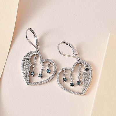 GP Celestial Dream Collection Blue and White Diamond Heart Earrings in Platinum Over Sterling Silver 0.50 ctw