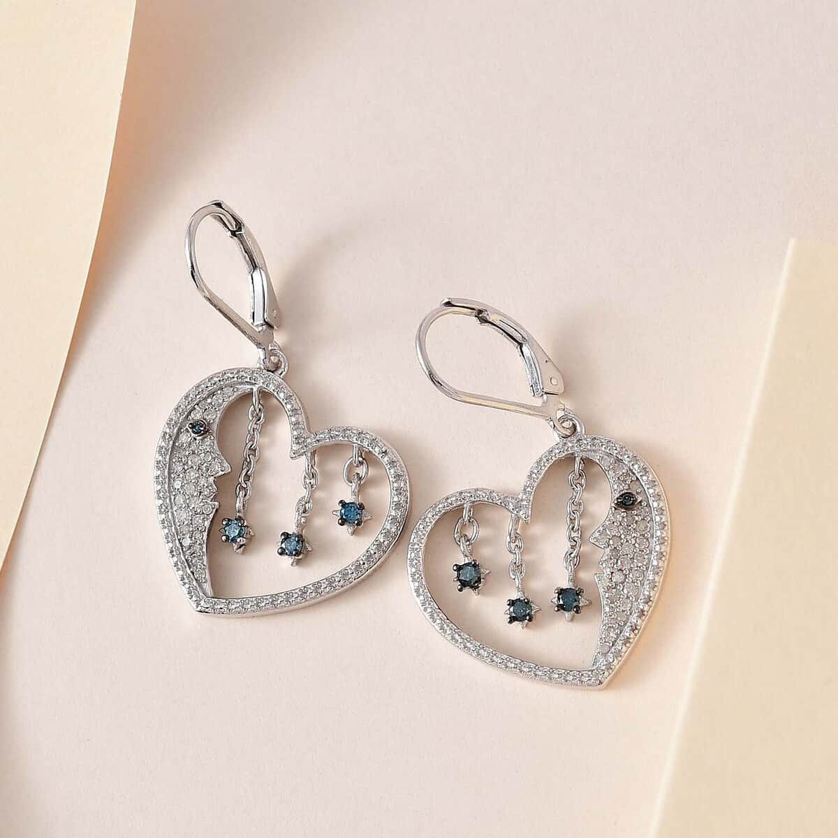 GP Celestial Dream Collection Blue and White Diamond Heart Earrings in Platinum Over Sterling Silver 0.50 ctw image number 1