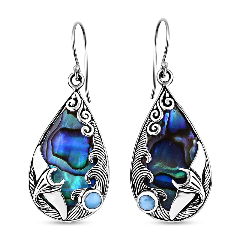 Bali Legacy Abalone Shell and Larimar Manta Ray Earrings in Sterling Silver 0.75 ctw
