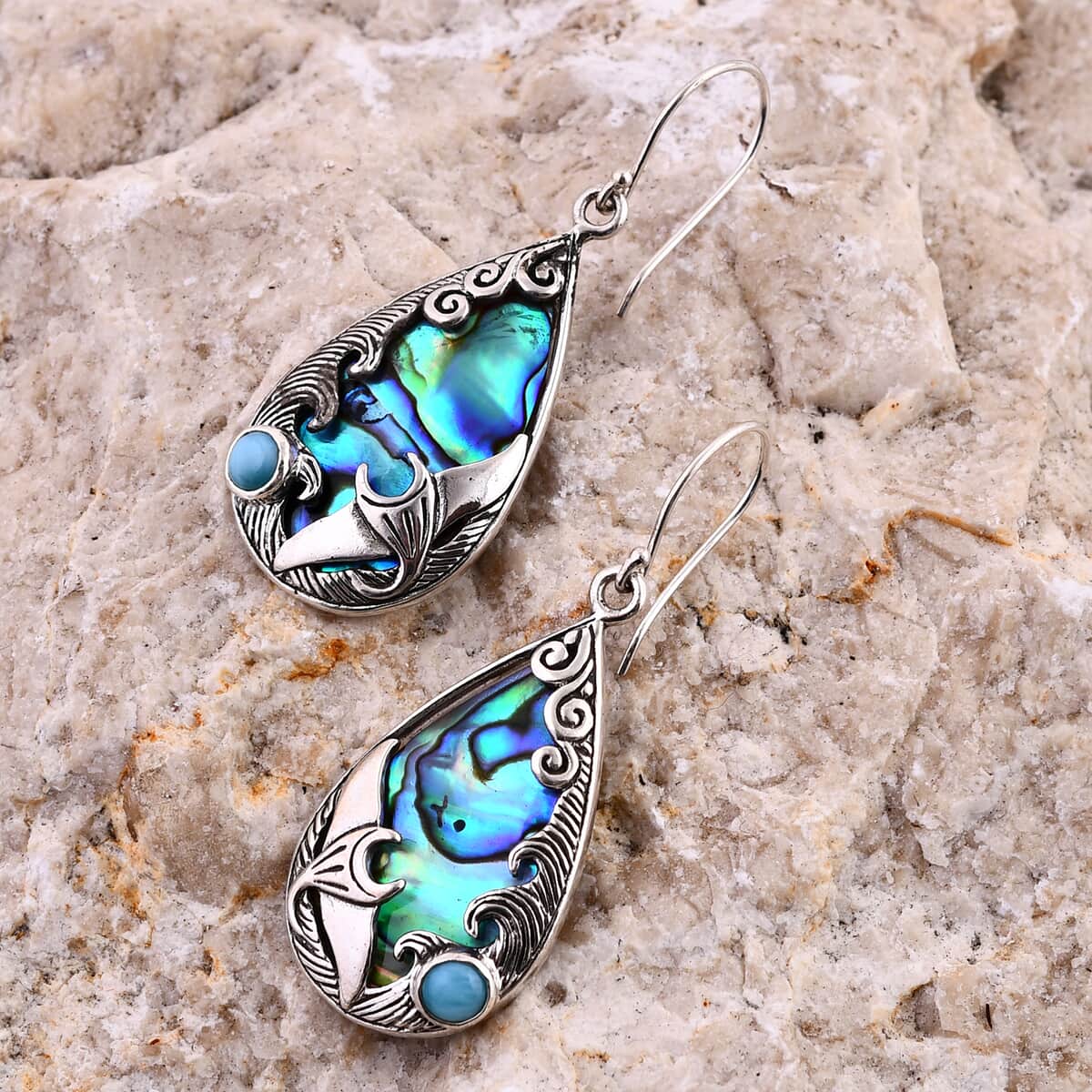 Bali Legacy Abalone Shell and Larimar Manta Ray Earrings in Sterling Silver 0.75 ctw image number 1