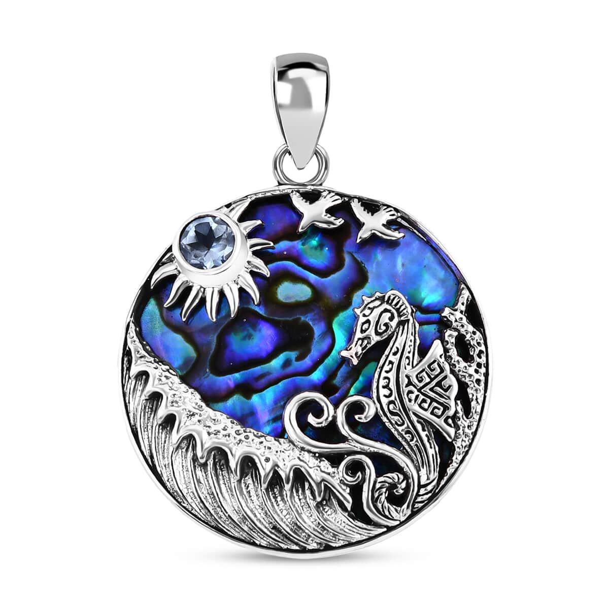 Bali Legacy Abalone Shell and Sky Blue Topaz Seahorse and Star Fish Pendant in Sterling Silver 0.60 ctw image number 0