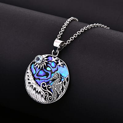 Bali Legacy Abalone Shell and Sky Blue Topaz Seahorse and Star Fish Pendant without Chain in Sterling Silver 0.60 ctw