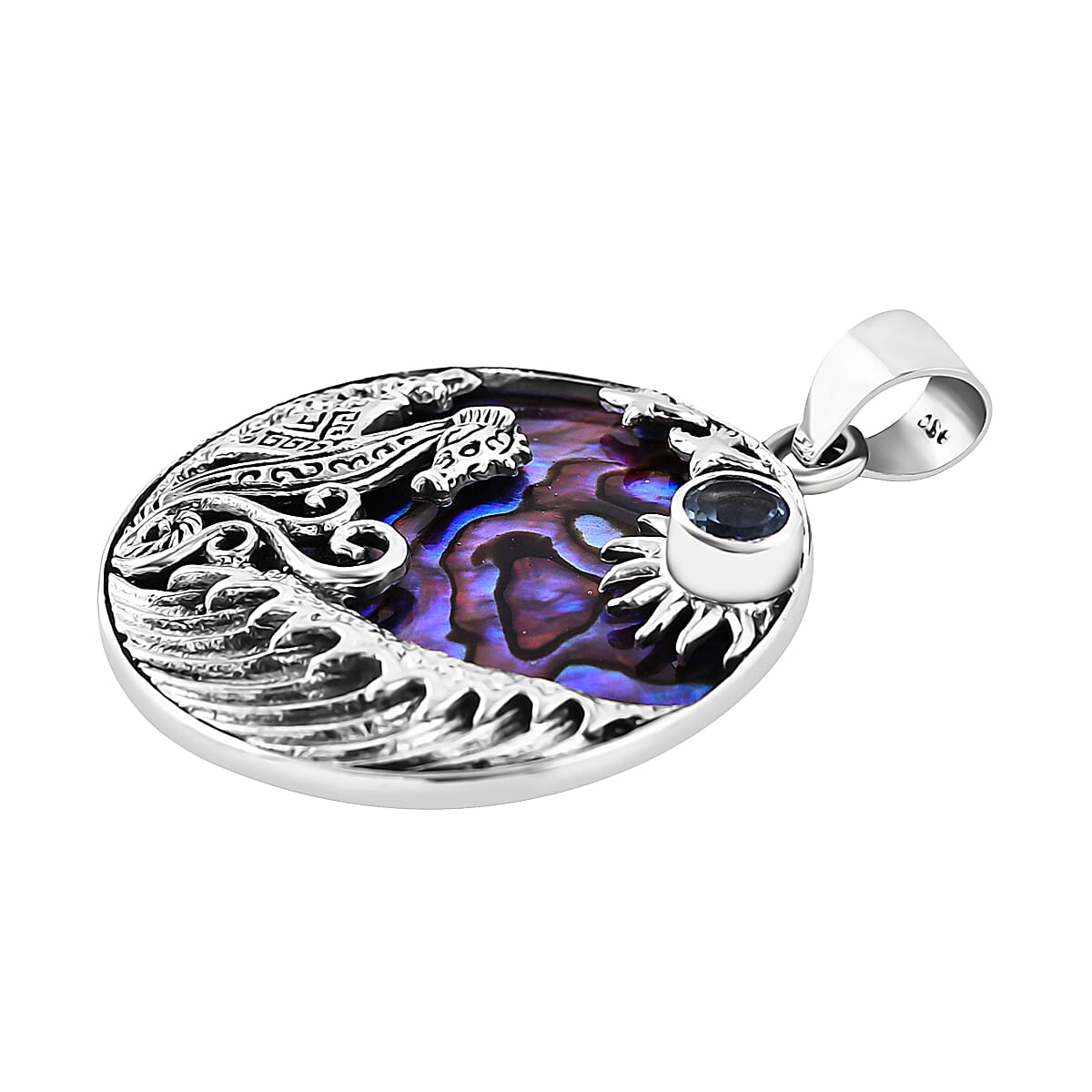 Bali Legacy Abalone Shell and Sky Blue Topaz Seahorse and Star Fish Pendant without Chain in Sterling Silver 0.60 ctw