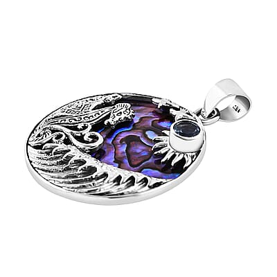 Bali Legacy Abalone Shell and Sky Blue Topaz Seahorse and Star Fish Pendant without Chain in Sterling Silver 0.60 ctw
