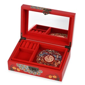 Red Ground with Peacock 2 Layer Jewelry Box with Antique Metal Closure