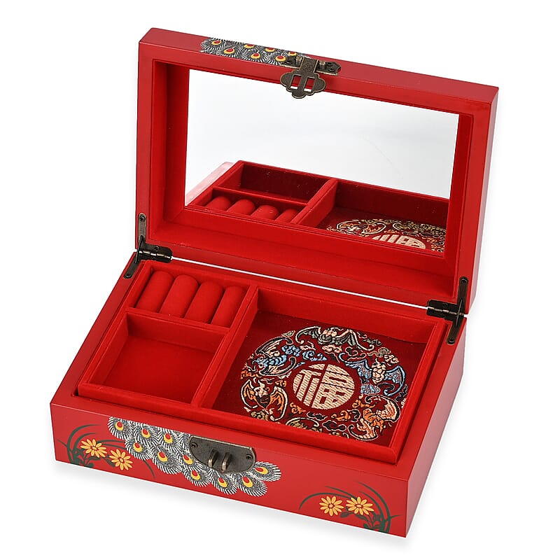 Red Ground with Peacock 2 Layer Jewelry Box with Antique Metal Closure
