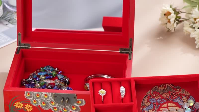 Red Ground with Peacock 2 Layer Jewelry Box with Anitique Metal Closure (8.27"x5.51"x2.95")