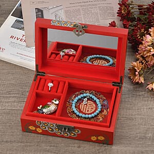 Red Ground with Peacock 2 Layer Jewelry Box with Antique Metal Closure