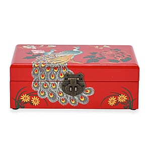 Red Ground with Peacock 2 Layer Jewelry Box with Antique Metal Closure