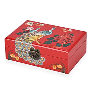 Red Ground with Peacock 2 Layer Jewelry Box with Antique Metal Closure