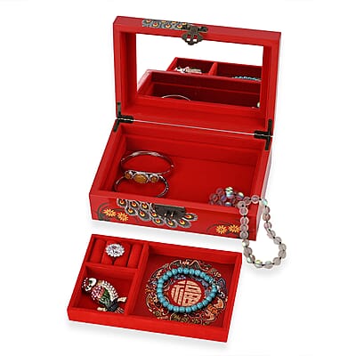 Red Ground with Peacock 2 Layer Jewelry Box with Antique Metal Closure