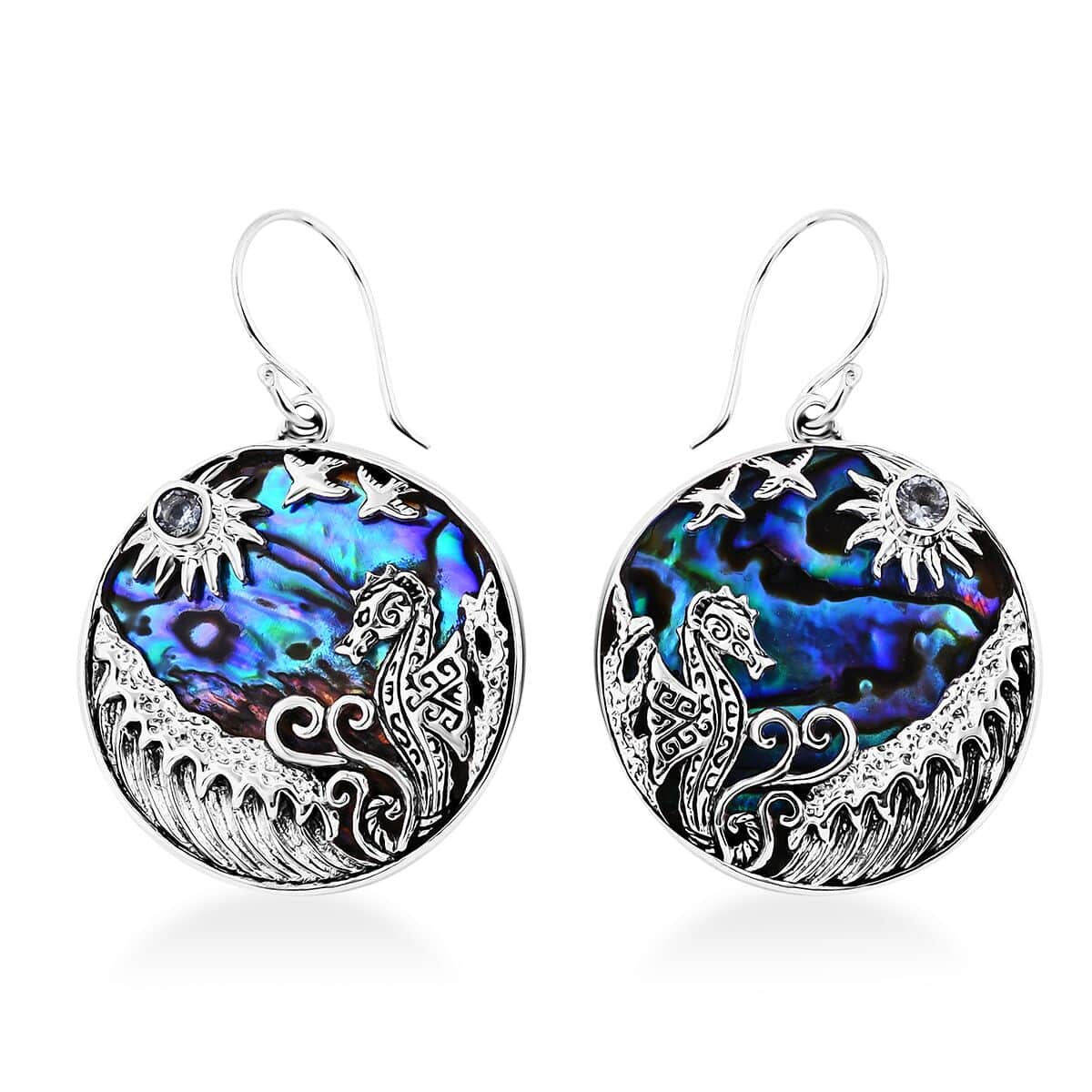 Bali Legacy Abalone Shell and Sky Blue Topaz Seahorse and Star Fish Earrings in Sterling Silver 0.30 ctw image number 0