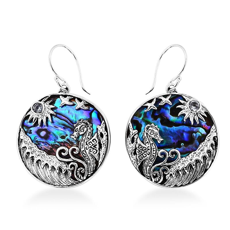Bali Legacy Abalone Shell and Sky Blue Topaz Seahorse and Star Fish Earrings in Sterling Silver 0.30 ctw