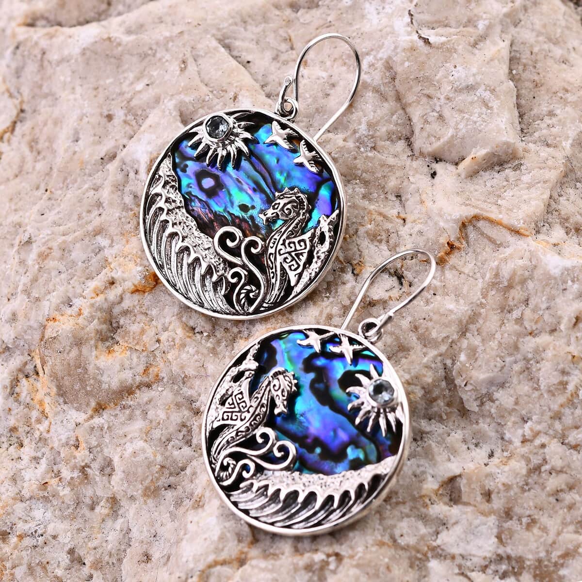 Bali Legacy Abalone Shell and Sky Blue Topaz Seahorse and Star Fish Earrings in Sterling Silver 0.30 ctw image number 1