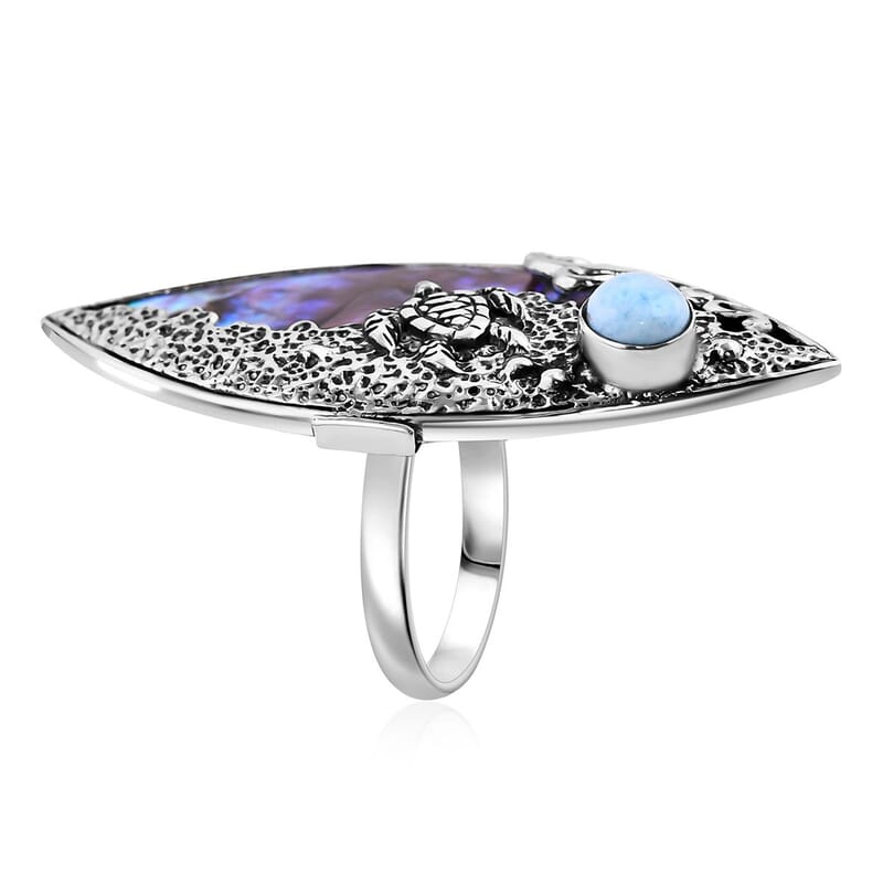 Bali Legacy Abalone Shell and Larimar Sea Turtle Ring in Sterling Silver (Size 10.0) 1.00 ctw