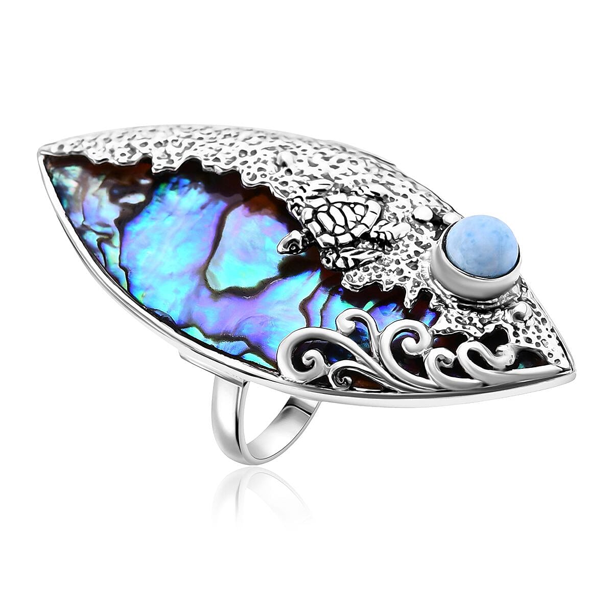 Bali Legacy Abalone Shell and Larimar Sea Turtle Ring in Sterling Silver (Size 6.0) 1.00 ctw image number 0